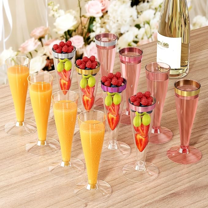 100 Pack Champagne Flutes Plastic Wine Glasses Disposable, 4.5 Oz Gold Rim Mimosa Glasses for 2025 Engagement Wedding Birthday New Years Eve Xmas Party Supplies, Bulk Toasting Cocktail Cups