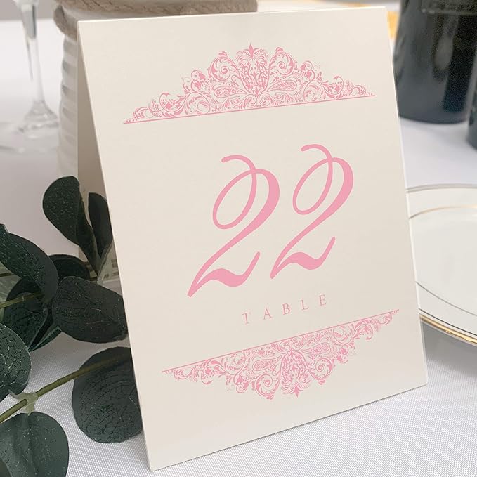 Paisley Wedding Table Numbers (Select Color/Quantity), Champagne, Pink, 1-200, Double Sided, Tent or Use in a Stand, Great for Parties & Restaurants - Made in the USA