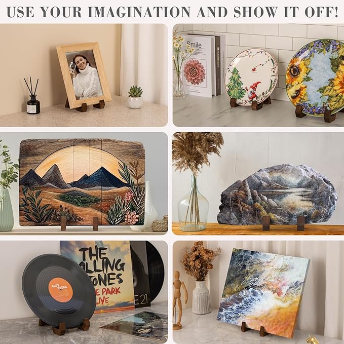 Plate Display Stand, 3 Pack 8 Inch Plate Holder for Displaying, Decorative Picture Frame Dish Photo Plaque Platter Wood Stand
