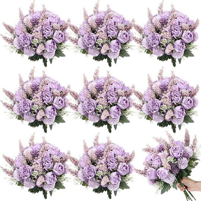 Zeyune 8 Pcs Wedding Silk Flowers Fake Silk Flowers Faux Bouquet Hydrangea Bouquets for Wedding Birthday Party Table Centerpieces Home Decoration (Purple,Rose)