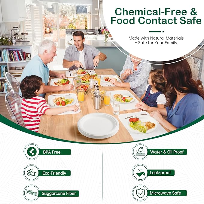 𝟏𝟎 𝐈𝐧𝐜𝐡, 𝟏𝟐𝟖-𝐏𝐚𝐜𝐤 Compostable Paper Plates, Heavy-Duty Biodegradable Disposable Dish Made from Bagasse, Perfeck for Snacks, Desserts, Party, Wedding and More (White)