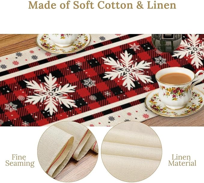 Snowflakes Christmas Table Runner,Red Buffalo Plaid Seasonal Winter Kitchen Dining Table Decoration for Home Party Decor 13x108 Inch
