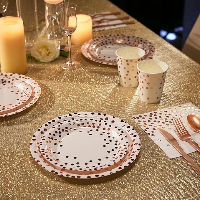 White and Rose Gold Party Supplies - 350 PCS Disposable Dinnerware Set - White Paper Plates Napkins Cups, Gold Plastic Forks Knives Spoon for Graduation, Birthday, Cocktail Party