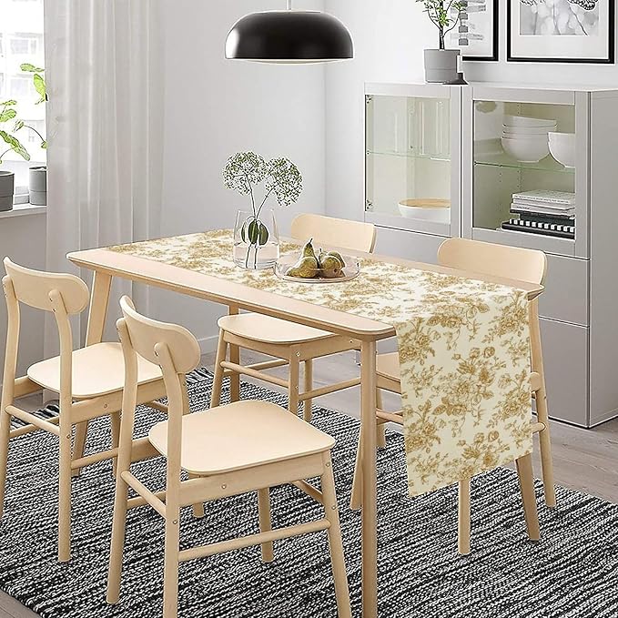 Retro Floral Table Runner, Golden White Wildfloral Sketch Print Kitchen Dinning Table Runner for Indoor Outdoor Home Wedding Party Holiday, 13x90 Inch