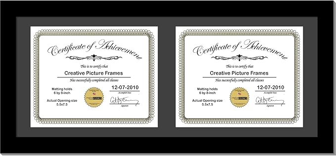 Creative Picture Frames 8X18Bk-B Black Horizontal Double Diploma Frame With 2 Opening Black Matting | Holds 2-6X8-Inch Documents With Installed Wall Hanger