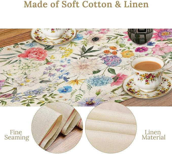 Floral Table Runner Watercolor Peony Rose Flower Kitchen Table Decoration for Indoor and Outdoor Wedding Party 13x90 Inch