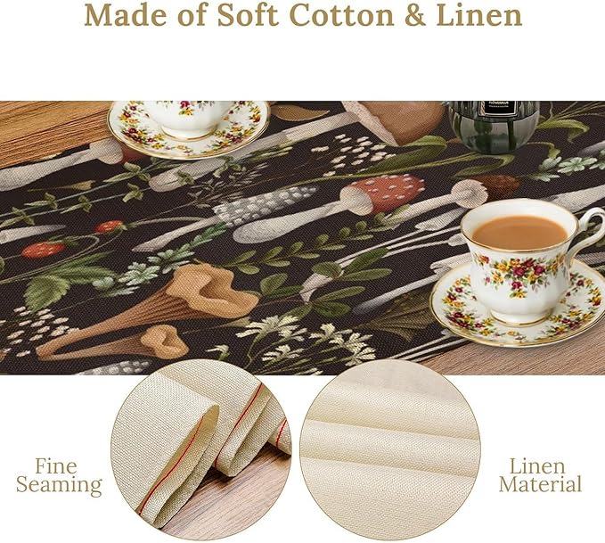 Mushroom Table Runner,Retro Forest Wildflower Botanical Plants Flower Art Pattern Print Burlap Hotel Indoors Outdoor Dining Room Kitchen Holiday Party, 13x90in