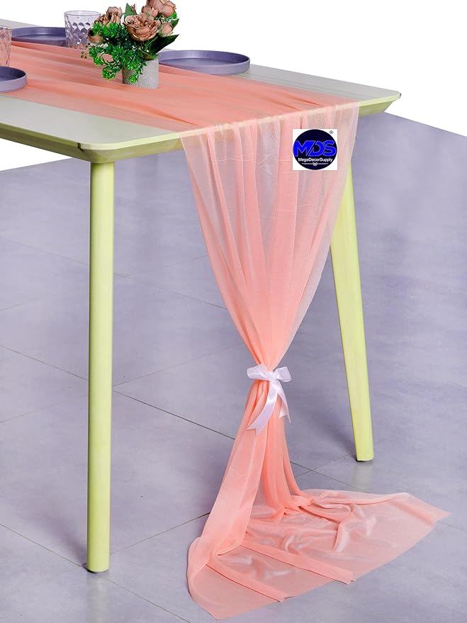 MDS 2 Pack 14ft Chiffon Table Runner 29 x 170 Inches Sheer Wedding Runner Romantic Rustic Table Runner for Wedding Decorations, Birthday Parties, Bridal Shower Party Arch Decor - Peach