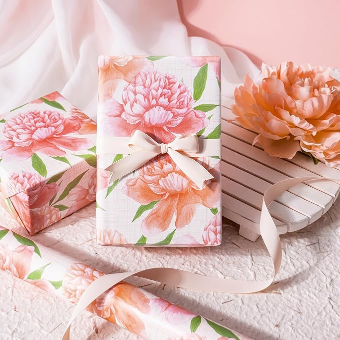 WRAPAHOLIC Floral Wrapping Paper Roll - Mini Roll - 17 Inch x 33 Feet - Peach Flower Wrapping Paper, Perfect for Girls Women Birthday, Wedding, Bridal Shower