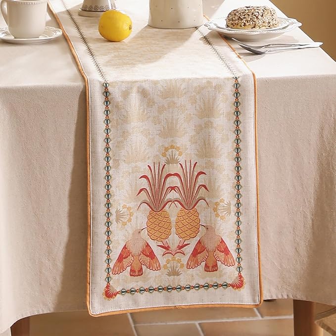 patdrea Designer Tropical Linen Table Runner 87 Inch Long, Yellow Vintage Elegant with Pineapple Pattern Table Mat,Decoration for Kitchen Dining Coffee Table Cover Banquet Christmas , 12"*87"