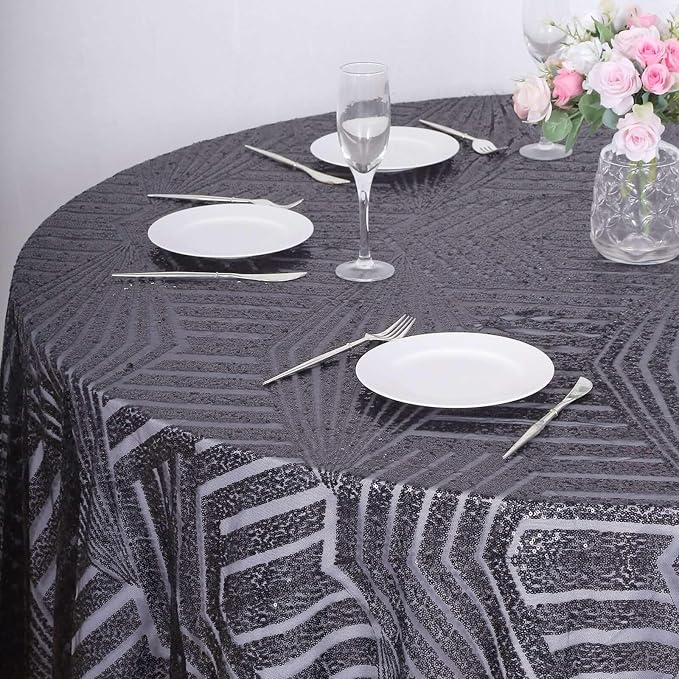 Efavormart 120" Black Sparkly Sequin Geometric Tulle Round Tablecloth