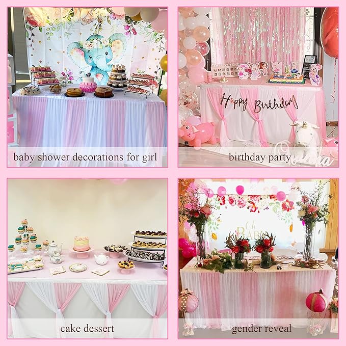 Suppromo 9ft Pink Tulle Table Skirts for Rectangle Tables or Round Tables Tutu Baby Shower Tablecloth Decorations for Girls Gender Reveal Elephant Birthday Party Decorations