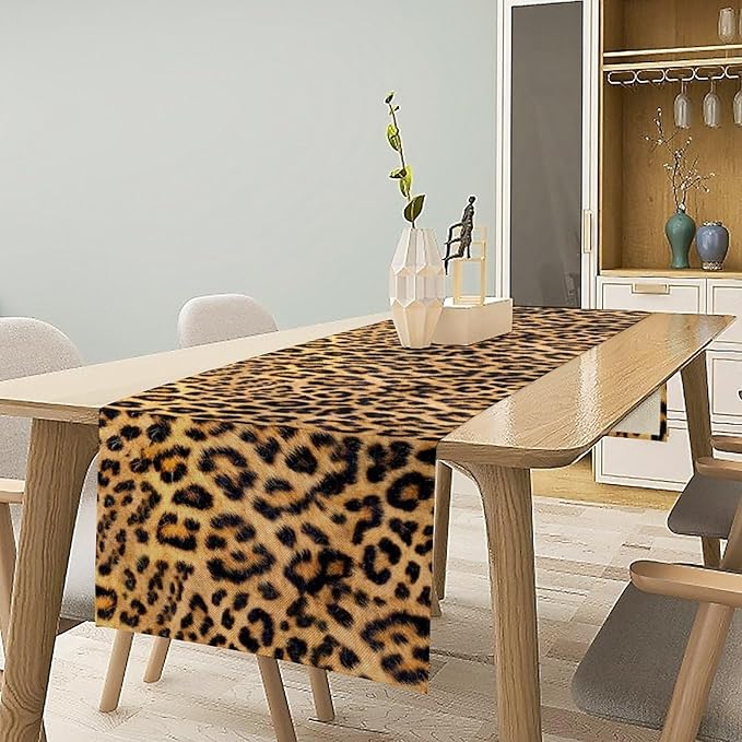 Leopard Print Dinning Table Runner, Cotton Linen Rustic Cottage Country Farm Safari Wildlife Fur Print Table Runners for Table Dresser Runner Dinning Kitchen Party Holidays Home, 13x90 Inch