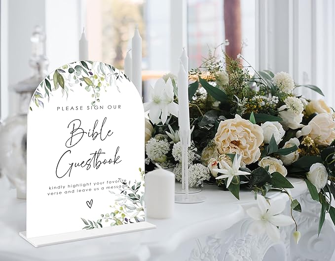 Greenery Bible Guest Book Sign, 6 x 8 Inch White Arch Acrylic Wedding Sign with Holder, Wedding Sign for Ceremony and Reception, Wedding Decoration, Wedding Supplies - LY28