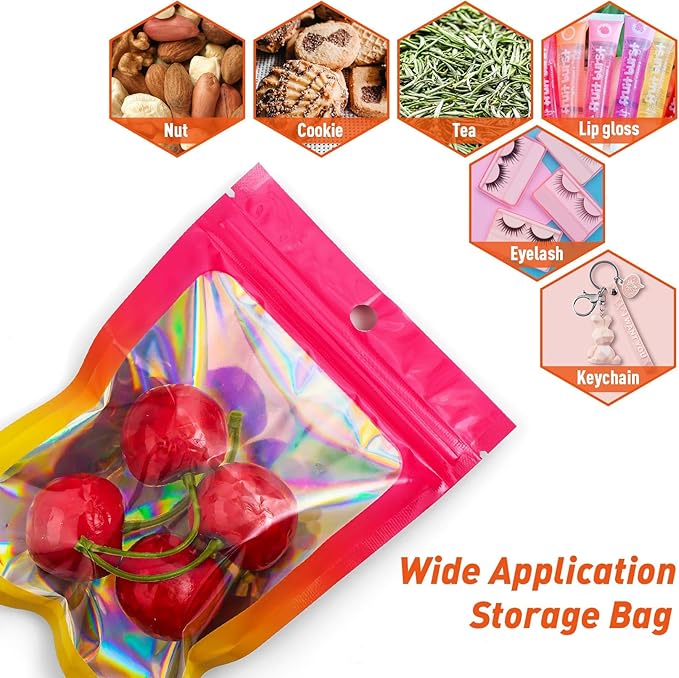 Funfery 100 Pack Gradient Holographic Bags,Mylar Resealable Bags with Zipper,Clear Window Packaging Pouchs,Smell Proof Bag for Food Storage,Sample Jewelry Bag(3.1x5.1In,Hot Pink Orange)