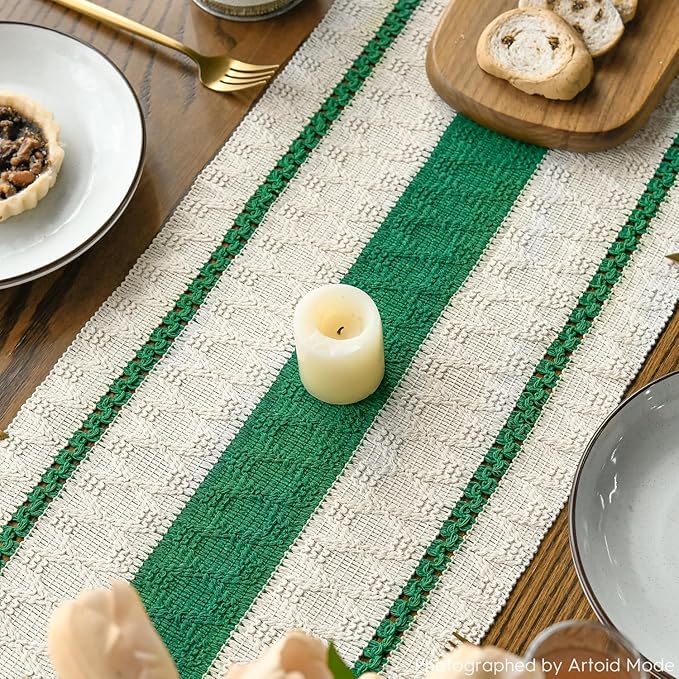 Artoid Mode Dark Green Farmhouse Woven Rustic Table Runner, Seasonal Holiday Hollow Kitchen Dining Table Decoration for Home Party Decor 12x48 Inch