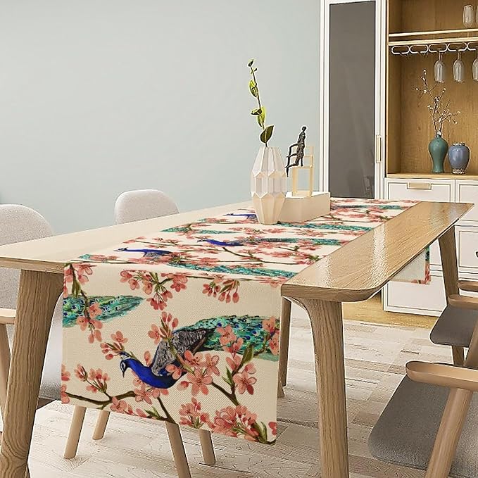 Peacock Table Runner,Spring Floral Peacock Birds Table Runner for Home Kitchen Dining Party Indoor Outdoor Decoration 13x120 Inch