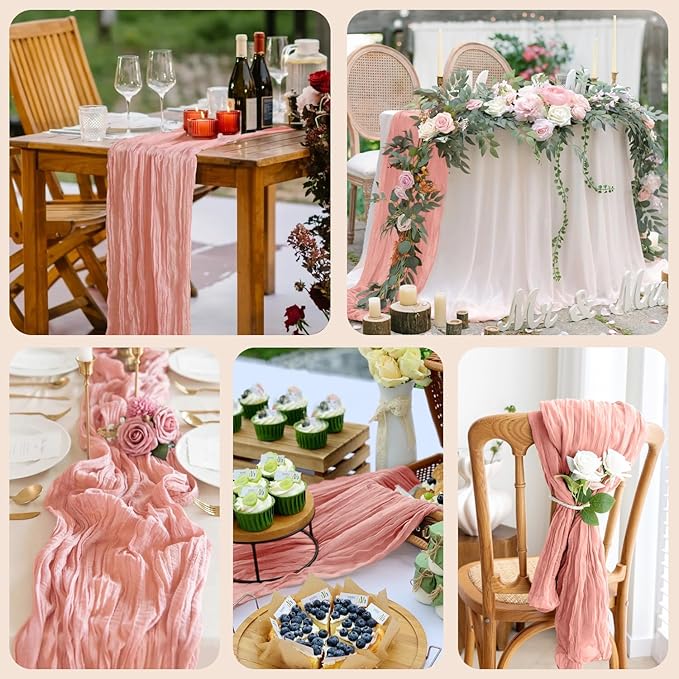 Asee'm 12pcs Cheesecloth Table Runner 120 Inches Dark Rose Boho Gauze Cheese Cloth Runner 10FT Rustic Sheer Table Runners for Summer Wedding Baby Shower Holiday Party Decoration
