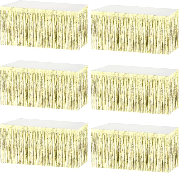 6 Pack 29x108 Inch Metallic Foil Fringe Tinsel Table Skirts Banner for Rectangle Tables Streamer Garland Backdrop for Wedding, Birthday, Parade Floats, Valentine's Day Party Decoration(Light Gold)