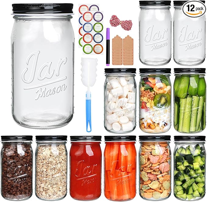 QAPPDA Wide Mouth Mason Jars 32 oz 12 Pack, Large Glass Jars Canning Jar with Lids for Pickling, Storage Food, Meal Prep, Jams, and Spices