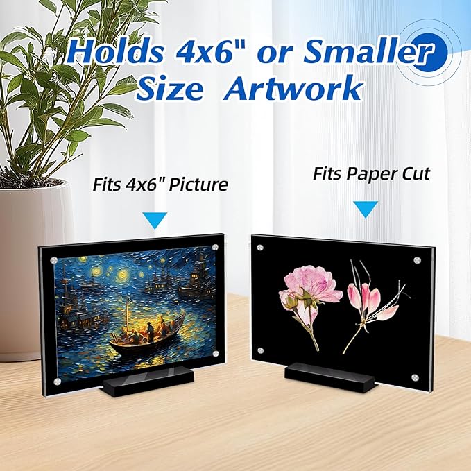 2 Pack Acrylic Magnetic Picture Frame 4x6, Clear Frame for Horizontal Vertical Tabletop Display, Black Photo Frame Magnets for Fridge