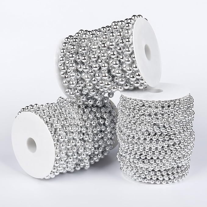 [33 Feet] Silver Pearl Beads Garland, 10MM 11 Yards Silver Faux Pearl Beads String Roll Bulk for DIY Craft Christmas Tree Wedding Party Decoration