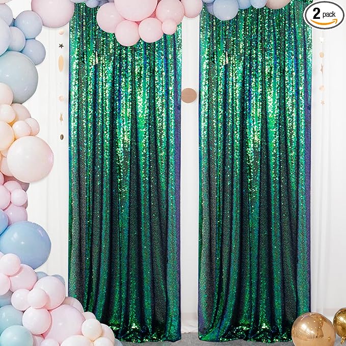 ShiDianYi Iridescent Green Sequin Backdrops for Photograph Backdrop 4FTx10FT 2 Panels Birthday Background Glitter Curtains Green Blue Curtain Sequin Fabric Christamas Decor