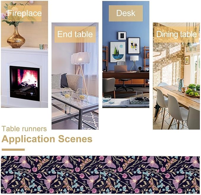 Moth Table Runner, Boho Aesthetic Moth Magic Table Runner for Home Kitchen Dining Party Indoor Outdoor Decoration 13x120 Inch