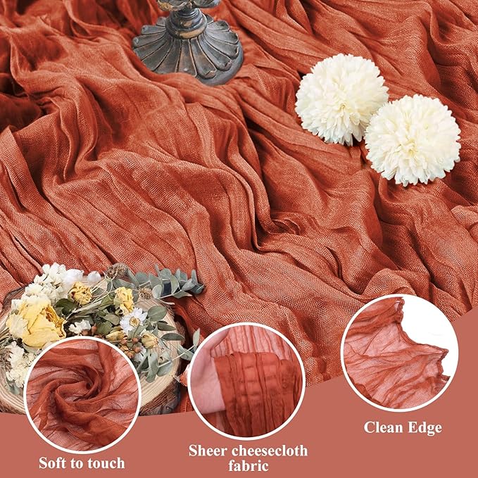 Asee'm 2pcs Cheesecloth Table Runner 120 Inches Long Terracotta Boho Gauze Cheese Cloth Runner 10FT Rustic Sheer Fall Table Runners for Thanksgiving Christmas Wedding Party Baby Shower Decoration