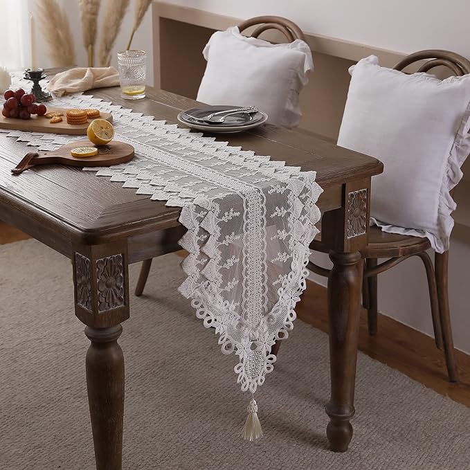 patdrea Designer Vintage White Lace Table Runner,Crochet Decorative Table Covers,Chiffon Embroidered Tasseled Table Runners, Cutwork Dresser Runners,Christmas Wedding Party Bridal 16x87 Inches Long