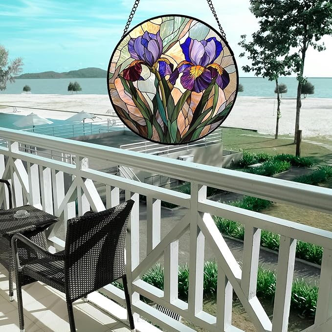 Stained Glass Window Hanging, Purple Blue Iris Birth Flower Suncatcher for Doors Garden Yard Sun Catchers Decor Christmas Mother's Day Birthday Gifts for Teacher Women Mom Nana Wife 7.8 in