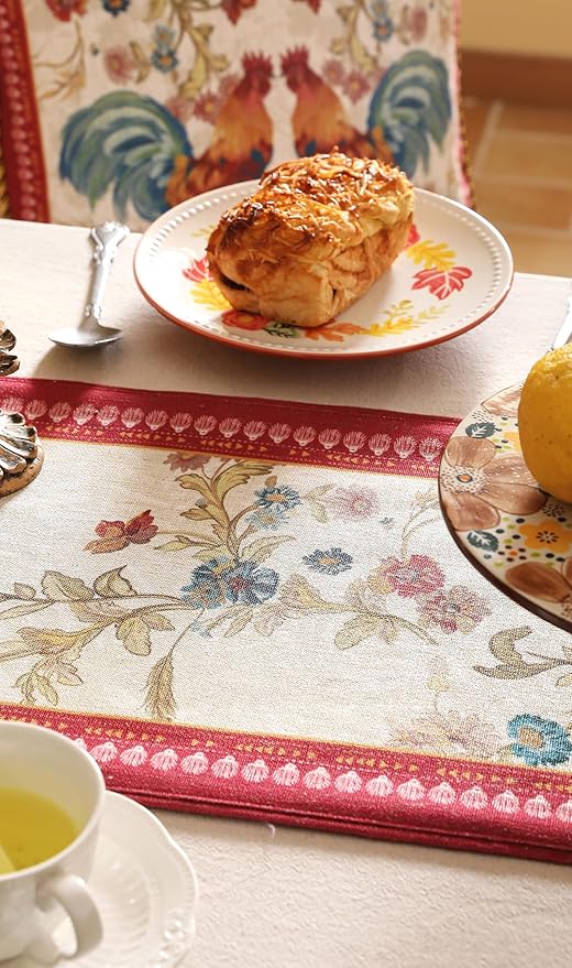 patdrea Designer Farmhouse Linen Table Runner, Rustic Cottage Mauve with Rooster and Floral Pattern Fabric Table Mat, Decoration for Kitchen Dining Coffee Table Banquet Christmas , 12"*102"