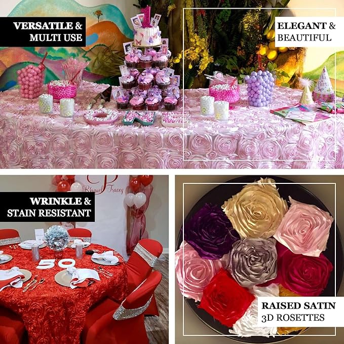 Efavormart 132" Wholesale Round Table Cover Champagne Grandiose Rosette 3D Satin Tablecloth for Wedding Party Event Decoration