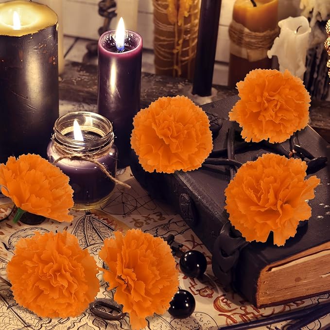 80 Pcs Artificial Marigold Flowers,2" Silk Marigold Flower Heads with Stems,Orange Flowers Artificial for Diwali Decor,Indian Wedding,Home,DIY Wreath Garland,Day of The Dead Decorations
