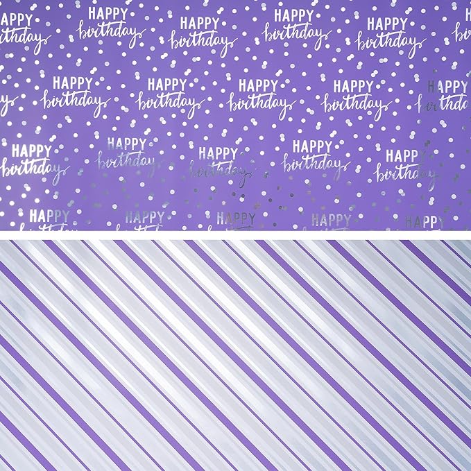 LeZakaa Reversible Purple Birthday Wrapping Paper Roll for Girls Women, Happy Birthday Lettering & Stripe Pattern with Metallic Foil in Purple, Mini Roll, 17 inches x 32.8 Feet (46.45 sq.ft.)