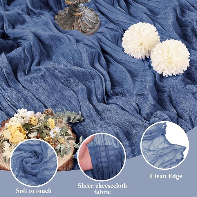 Asee'm 4pcs Cheesecloth Table Runner 120 Inches Long Blue Boho Gauze Cheese Cloth Runner 10FT Rustic Sheer Table Runners for Christmas Wedding Party Baby Shower Spring Easter Decoration