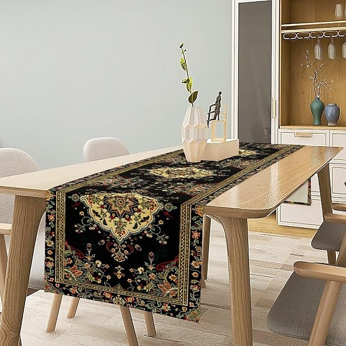 Colorful Boho Flower Table Runner, Vintage Rustic Farmhouse Paisley Hand Drawing Print Pattern for Home Kitchen Table Decor Dining Coffee Room Garden Party Decor 13x90in