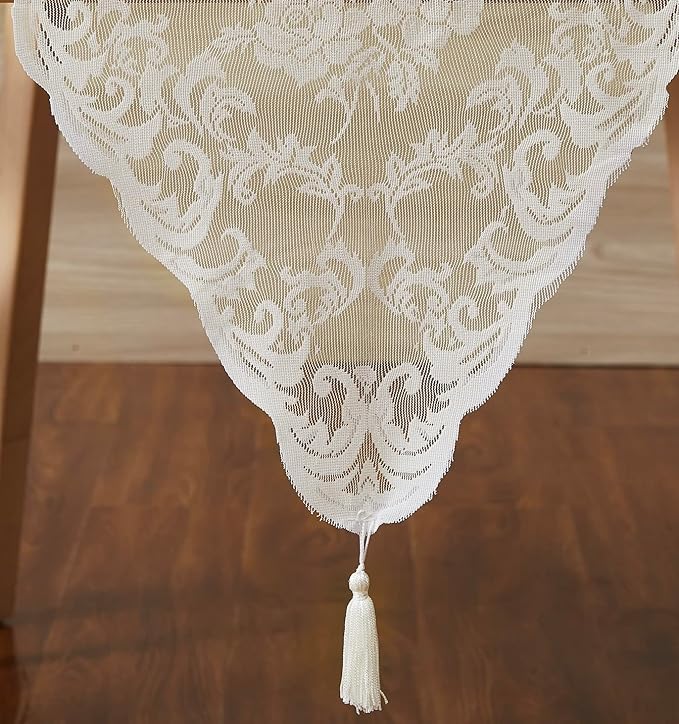 LinenZone Ivory Table Runner with 2 Tassels for Rustic Vintage Decor. Lace Table Runner Works Great As Wedding, Thanksgiving or Christmas Table Decor (Mia 14 x 72, Ivory)