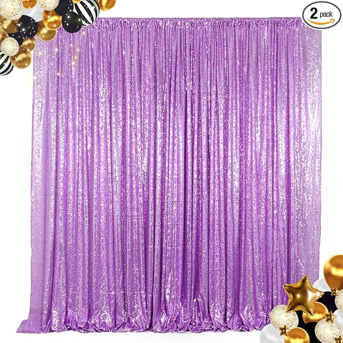 ShinyBeauty Lavender Sequin Backdrop Curtains 2 Panels 4x8FT Shimmer Wedding/Party Photo Backgrounds - Elegant & Sparkly Decor Backdrops