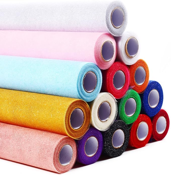 Sparkling Tulle Rolls, 15” by 30 Yards (90FT) Glitter Tulle Spool Ribbon Fabric for Wedding Birthday Bridal Shower Tutu Skirt Party Gift Wrapping (White)