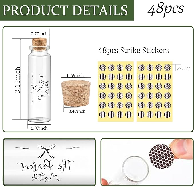 48 Matches Holders Empty Jars with 48 Striker Stickers, Empty Matches in A Jar with Striker DIY Wedding Favors, Candle Holder Containers & Bulk Storage| The Perfect Match Box (0.87x3.15 Inch) (48)