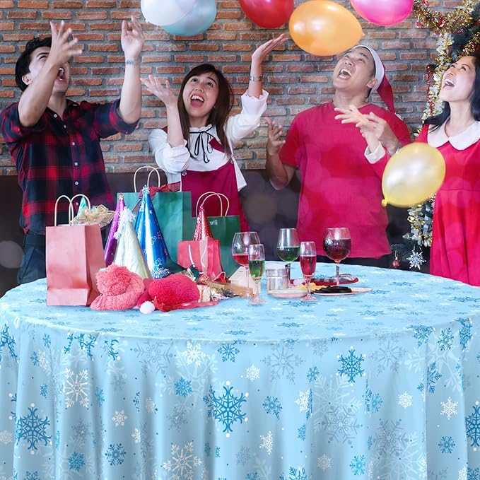 12 Pcs Christmas Snowflake Plastic Party Tablecloth Decorations,Disposable Light Blue Snowflake Round Table Cover Backdrop for Winter Onederland Christmas Holiday Party Supplies,84 inch (Light Blue)