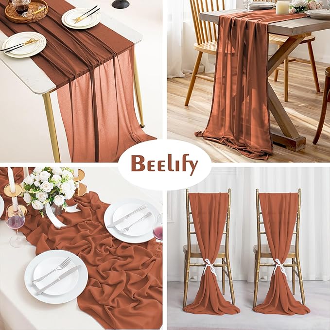 2 Pack 10 Ft Chiffon Table Runner Rust Gauze Long Table Runners 27x120 Inches Sheer Tulle Table Runner for Rustic Wedding Reception Bridal Shower Decorations Birthday Party