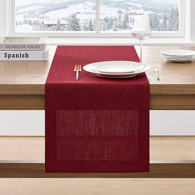 ZeeMart Linen Textured Border Table Runner, 14 x 60 Inch Red, Farmhouse Style Red Table Runners 60 Inches Long, Easy Care Everyday Polyester Table Runner