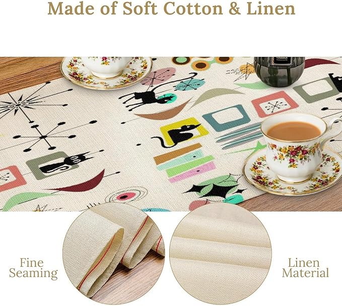 Colorful Geometric Table Runner,Vintage Mid Century Cute Cat Abstract Morden Print Tablecloth Burlap for Hotel Indoors Outdoor Dining Room Kitchen Home Decor, 13x36in