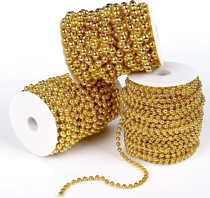 [98 Feet] Gold Pearl Beads Garland, 6MM 33 Yards Gold Faux Pearl Beads String Roll Bulk for DIY Craft Christmas Tree Wedding Party Decoration