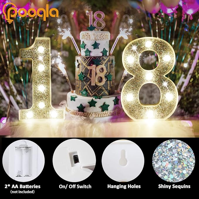 Pooqla Marquee Light up Numbers, Lighted Numbers for 1st Birthday Decorations, Night Light Battery Powered for Silver Party Decorations, Gift for Boys Girls Christmas Wedding Home Room Decoration