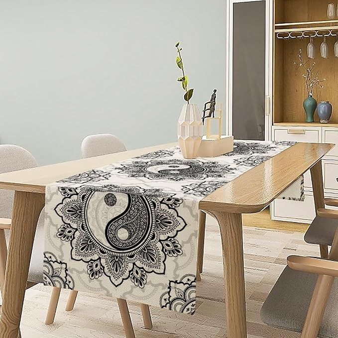 Yin Yang Table Runner, Bohemian Mandala Vintage Black White Traditional Oriental Floral Print Table Runner for Home Kitchen Dining Table Wedding Party Decor, 13x60inch