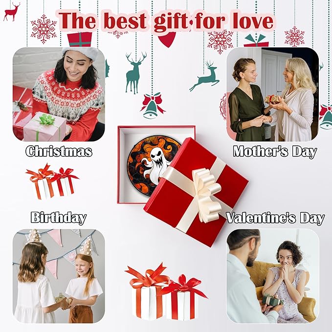 Stained Glass Window Hanging - Halloween White Ghost Suncatcher for Doors Window Garden Indoor Spooky Funny Orange Sun Catchers Gothic Decor Horror Gifts for Women Men Friend 7.8 in