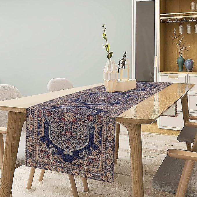 Boho Floral Vintage Table Runner, Blue Purple Retro Flower Rustic Country Farmhouse Pattern for Home Kitchen Table Decor Dining Coffee Room Party Decor 13x60in